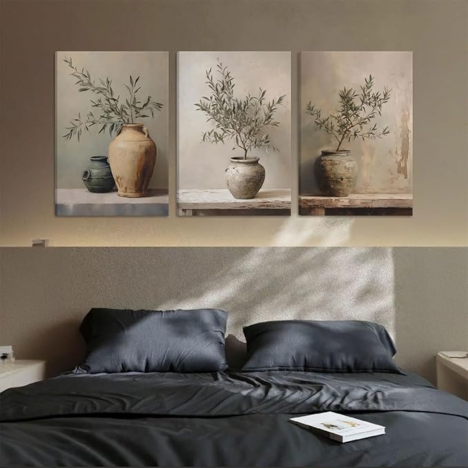 3Pcs Framed Vintage Vase Canvas Wall Art Green Rustic Olive Branch Wall Decor Pictures Antique Still Life Plant Posters Paintings Prints for Bedroom Living Room Kitchen Artwork Home Decoration