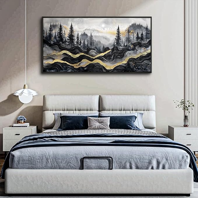 KELIYUAAN Large Canvas Wall Art For Living Room Black Framed Wall Decor For Bedroom Office Home Decorations Prints Pictures Abstract mountain landscape Painting Artwork Wall Aesthetics 20"X40"