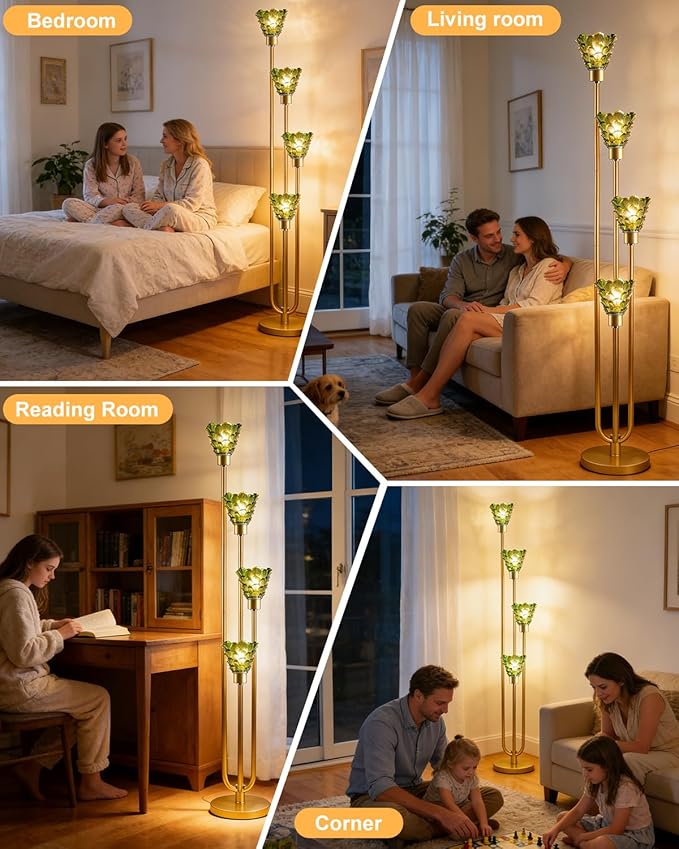 63IN 4-Lights Glass Floor Lamp Modern Dimmable Floor Lamps with Green Glass Shade& 3000K Soft Warm White Bulbs for Wedding/Party, Gold Tall Standing Lamp for Living Room/Bedroom