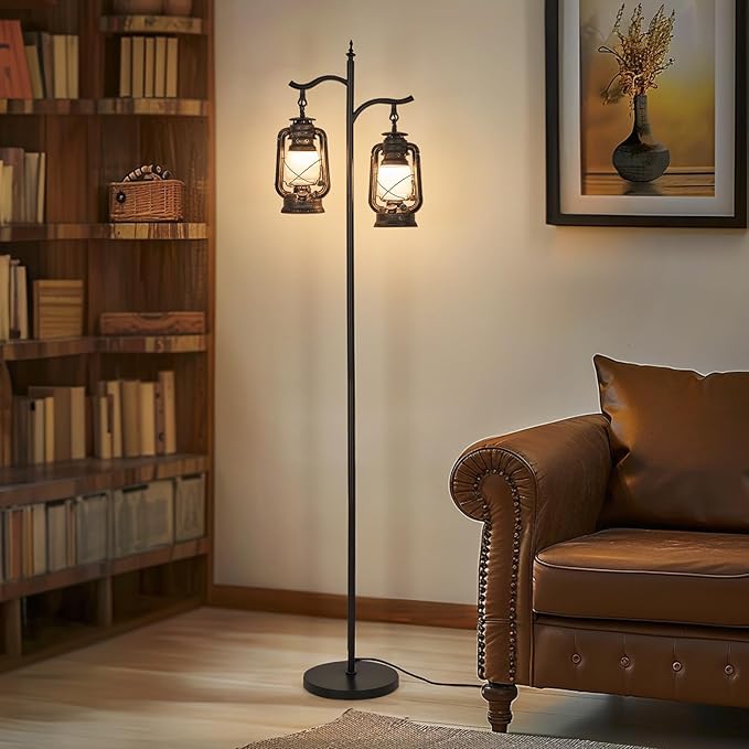 3-Way Lighting Dual Head Farmhouse Floor Lamp, Heavy-Duty Metal Farmhouse Design with Rock-Solid Base, Vintage Standing Lamp for Living Room, Bedroom - Rustic Black Brown Finish