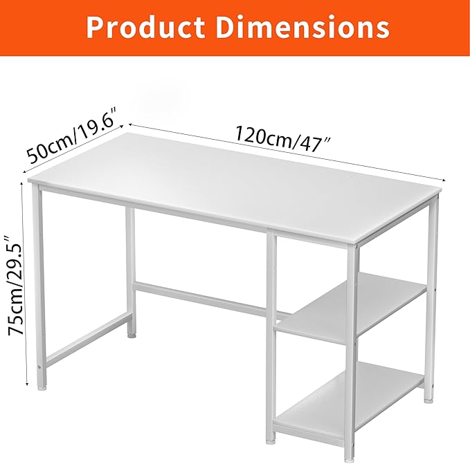JOISCOPE Home Office Desk with Double Reversible Side Shelves and Headphone Hooks, Small Computer Desk for Working, Gaming, Studying, 48 inches, White