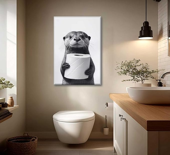Bathroom Animal Canvas Wall Art Funny Raccoon Wall Decor Black and White Otter Print Picture Farmhouse Bathroom Painting for Restroom Decoration Framed