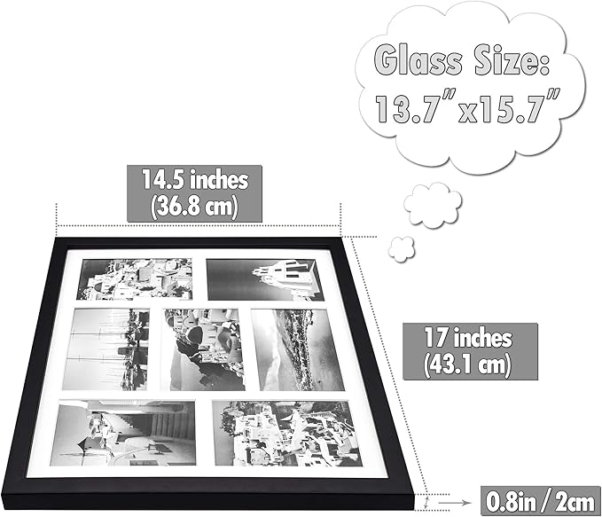 Golden State Art, 13.7x15.7 Black Photo Wood Collage Frame with Real Glass and White Displays (7) 4x6 Pictures