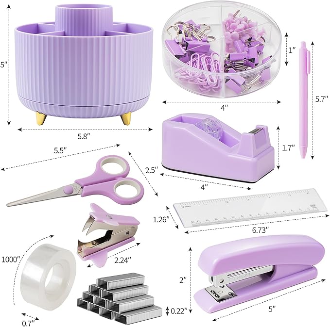 10pcs Purple Office Accessories for Women, Office Supplies Set, Desk Organizer with 360° Rotating Pen Holder, Stapler, Staple Remover, Tape Dispenser, Scissor, Ruler, Gift for Students, Office Clerks