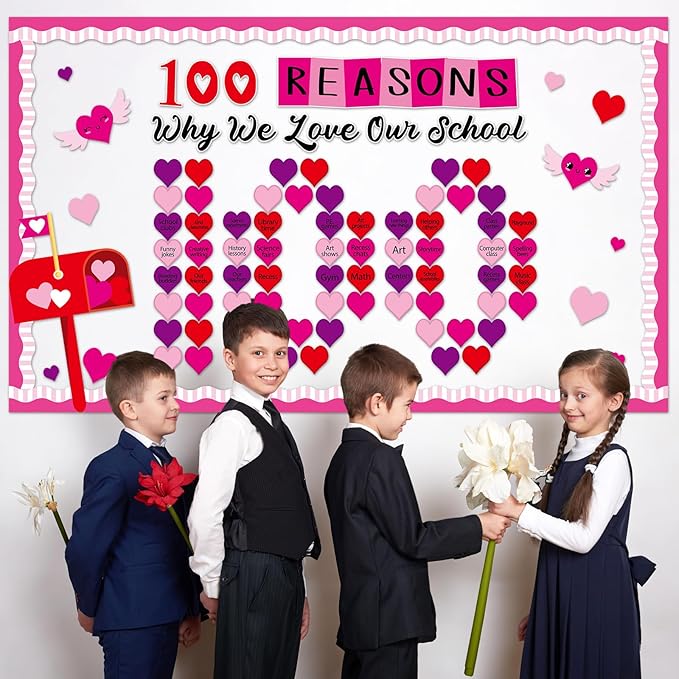 OBUSATT Valentine's Day Bulletin Board Set Valentine 100 Reason Love School Classroom Decoration 100 Days of School Bulletin Board Love Heart Cutouts for Classroom Home Door Chalkboard Wall Decor