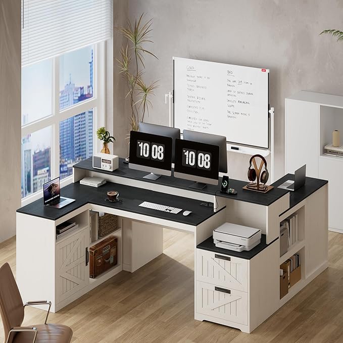 TVU Farmhouse L Shaped Desk with Drawers, 62.2" Home Office Desk with Storage Shelves and Power Outlet, L Shaped Computer Desk with Monitor Stand and Printer Shelf, Black and White