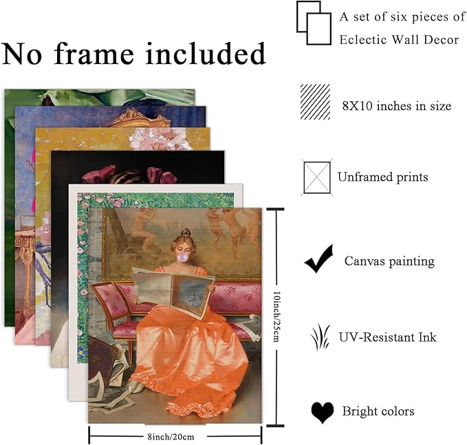 Eclectic Wall Decor Set Of 6, Vintage Eclectic Wall Art Prints, Trendy Colorful Wall Art, Retro Maximalist Decor Aesthetic, Wall Collage Kit Pictures for Living Room, Colorful Dorm Gallery Home Decor