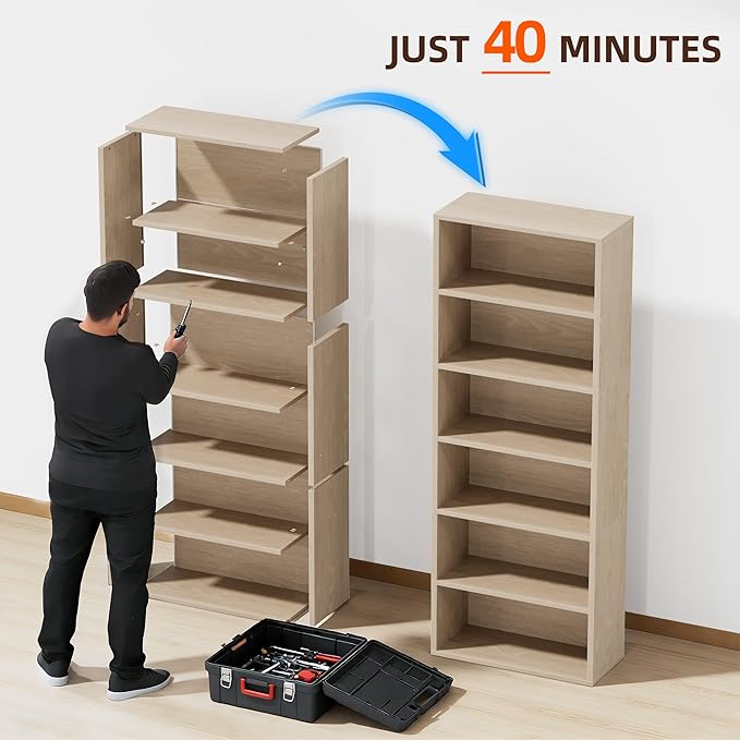 Furniwell 71" Tall Bookcase Bookshelves, 6 Tier Floor Standing Bookcases Open Frame, Modern Display Storage Organizer for Home Office, Living Room, Bedroom, Study Room (Beige, 1 Pcs)