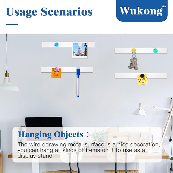 Wukong 4 Pack | 30x3cm(11.81 x 1.18) Magnetic Stainless White Boards Strips, Adhesive Backing Bulletin Bar Board, Memo Board with 16Pcs Colorful Magnets for Office, Home, Photo Wall, Documents