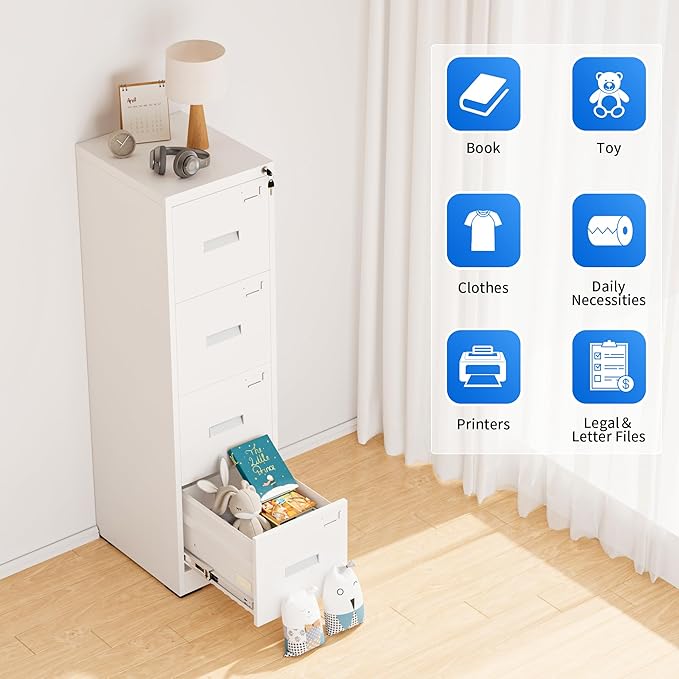 Greenvelly Metal 4 Drawer File Cabinet, Vertical File Cabinet with Lock, Locking Filing Cabinets for Home Office, Letter/Legal/A4/F4 Size/Anti-Tip (White)