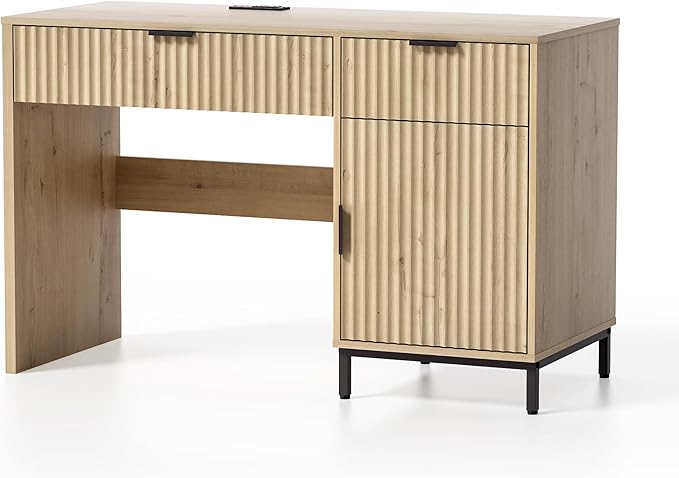 47" Home Office Desk with Fluted Drawers, Wood Exectuive Desk with Storage Cabinet, Charging Station, Metal Legs Modern Farmhouse Computer Desk for Work, Study Light Oak