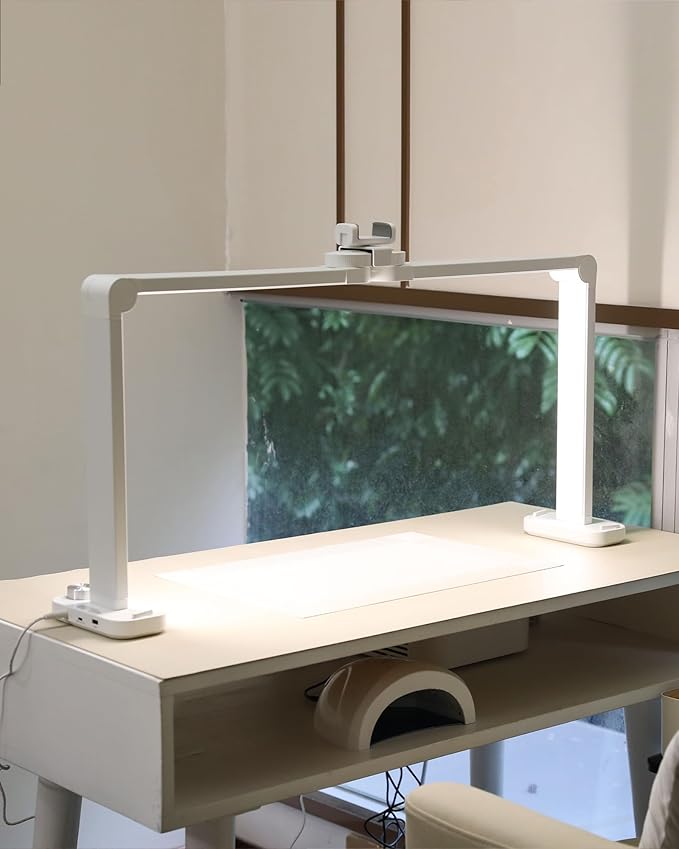 Nail Desk Lamp for Nail Tech, Foldable 34in 48W Half Moon Light with Phone Holder and USB Charging Port, 3 Color Temperature Dimmable LED Desk Light (White)