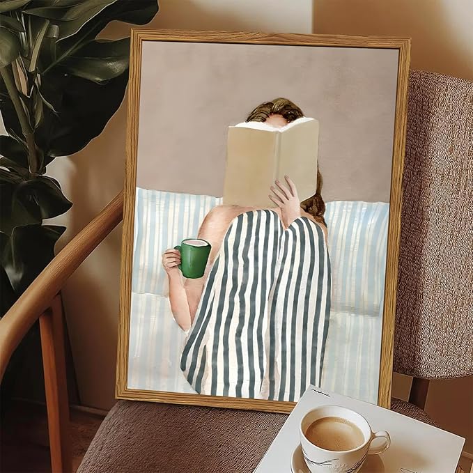 Framed Trendy Preppy Canvas Wall Art, Woman Reading Book with Coffee Pictures Wall Decor Paintings, Blue and White Striped Prints Girly Home Decor for Living Room Bedroom Dorm 16x24 inch