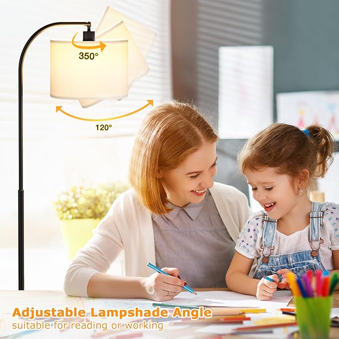 Ambimall Arc Floor Lamp with Remote and Stepless Dimmable Bulb, Colors Temperature & Brightness Adjustable, Floor Lamps for Living Room(White Shade & Black Pole)