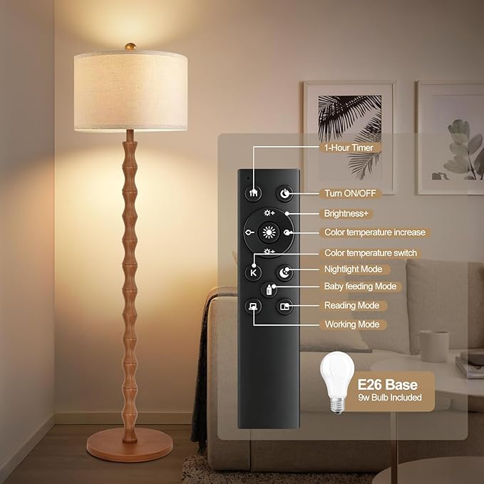 Wood Floor Lamp with 3 Color Temperatures,Boho Floor Lamp with Remote Control,Dimmable Vintage Floor Lamp Mid Century Modern Standing Lamp Farmhouse Tall Pole Lamp for Living Room Bedroom