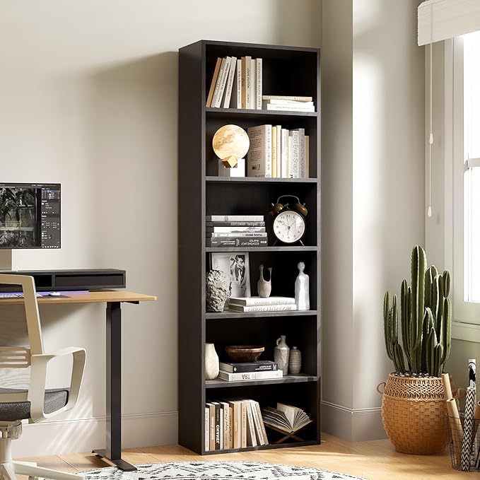 MXV Bookshelf, 6-Tier Open Bookcase, Storage Shelves, Display Storage Shelves, Floor Standing Unit, Home Decor, Furniture for Home Office, Living Room, Bedroom, Black