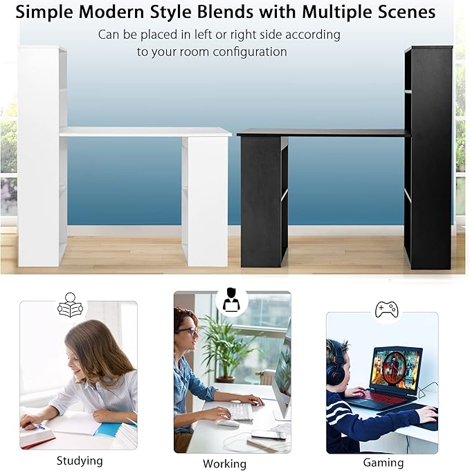 Tangkula Computer Desk with Bookshelf, Writing Study Desk with Storage Shelves & CPU Stand, Modern Compact Computer Workstation for Home & Office, Space-Saving Design (Black)