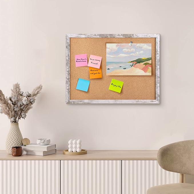 Cork Board Bulletin Board, 23.6x15.7 inches Decorative Hanging Framed Cork Boards for Walls, Pin Board Vision Board for School Home Office, Bulletin Board with White Wood Frame (WH,4060,1p)