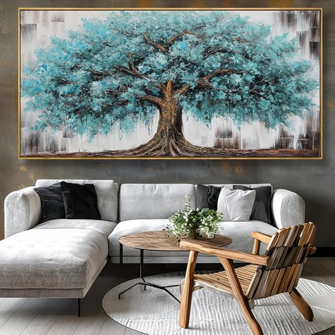 Wall Art Tree of Life Abstract Modern Artwork Blue Teal Tree Canvas Painting for Bedroom Living Room Office Large Decor 60X30in with Framed