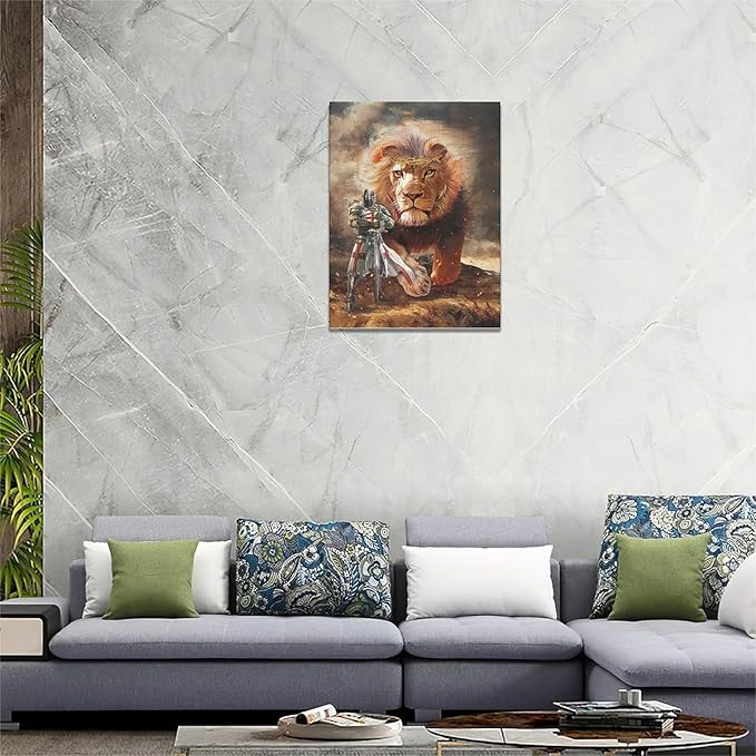 yerretin Christian Lion Of Judah Wall Art Lion Warrior Pictures Wall Decor Religious Knight Canvas Painting Home Decorations Artwork for Bathroom Bedroom Living Room Office Framed 12"x16"