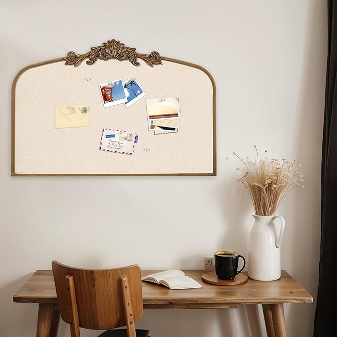 Vintage Framed Pin Board Linen Display Bulletin Board Large Cork Fabric Picture Photo Pinboard Memo Ornate Decorative Pinboard Ornate for Wall Gift(Arch,23.6" X 35",Antique Golden)