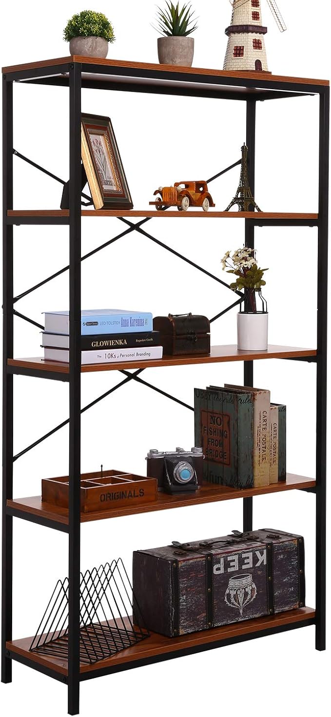 BATHWA Bookshelf, 5-Tier Industrial Bookshelves, Wood and Metal Bookcase, Free Standing Storage Vintage Bookshelf for Living Room, Bedroom and Home Office, Rustic Brown