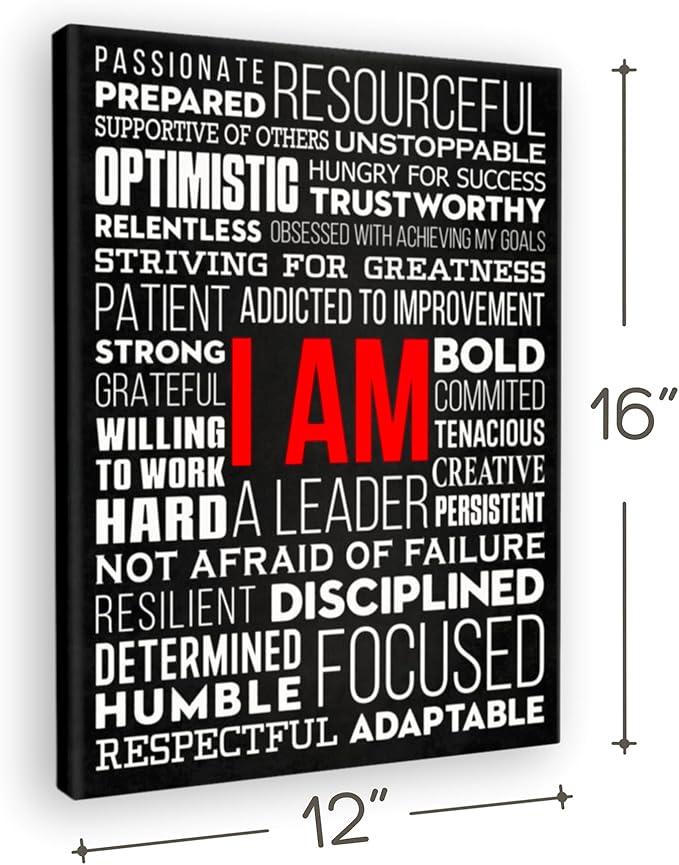 HoneyKICK "I AM Office Wall Art Motivational Canvas, 12" W x 16" H, Inspirational Wall Decor Print for Bedroom, Gym, Men, Boys, Teens (Wrapped Canvas)