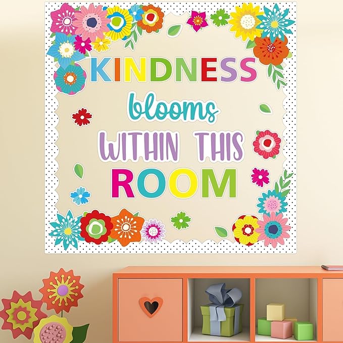 65pcs Spring Floral Classroom Bulletin Board Decoration Colorful Flower Kindness Blooms Flower Cutouts Floral Inspirational Bulletin Board for Spring Back to School Chalkboard Supplies Wall Decor