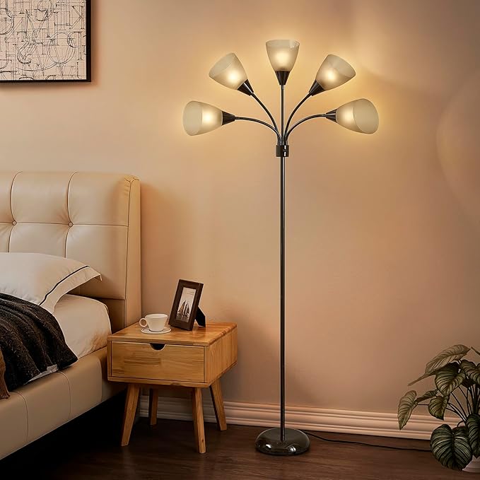 Medusa Modern Decor Floor Lamp, 5 Head Adjustable Gooseneck Lamps for Reading, White Shades Multiple Tall Standing Lamps for Living Room Bedroom Office Kids Classroom, Brown, Bulbs Included