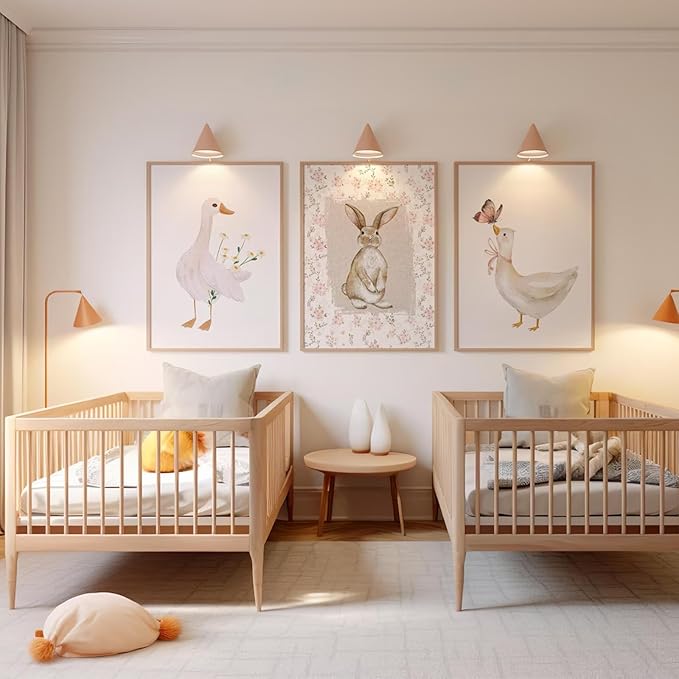 Vintage Nursery Wall Art Goose Canvas Poster Coquette Wall Decor Baby Girl Painting Kids Poster Bunny Rabbit Prints Cute Animal Pictures Duck Artwork for Bedroom Living Room 16x24x3 Inch Unframed