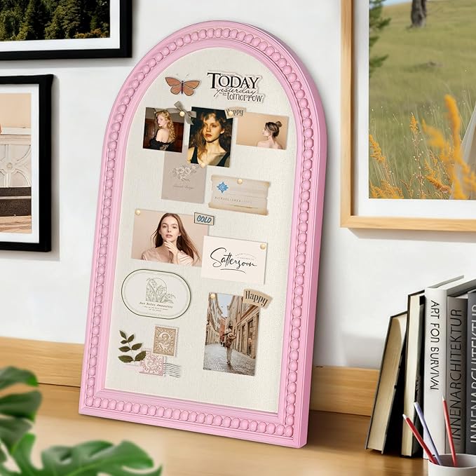 16" x 24" Linen Bulletin Board, Arched White Wood Frame with Beaded Trim, Decorative Pin Board Wall Organizer for Photos, Notes, Memo & Vision Board, 4060WH