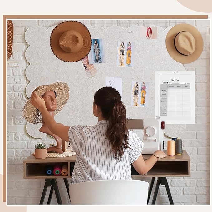 Scalloped Felt Bulletin Board 60 x 36 Inches Foldable Beige Pin Cork Board Alternative for Wall, 5' x 3' Trifold Picture Vision Self Adhesive Bulletin Decorative
