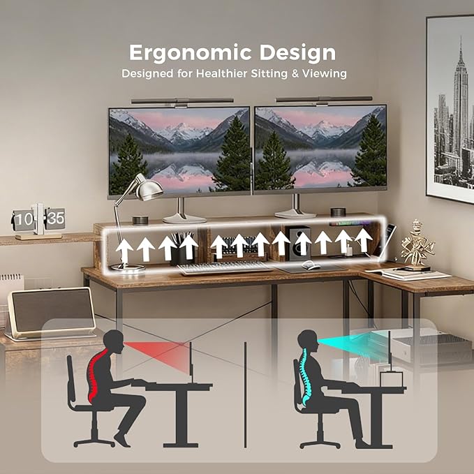 GTPLAYER 73" L Shaped Gaming Desk, Reversible Computer Desk with Power Outlets & LED Lights, Home Office Corner Desk with Storage Shelves, Monitor Stand, and Tower Space, Rustic Brown