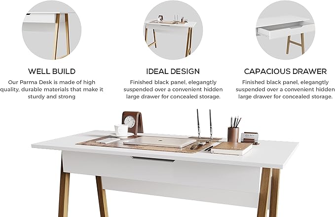 Modern Design Parma Small Desk for Bedroom, White Writing Desk 42 Inch with Drawer, by Crafts and Comfort