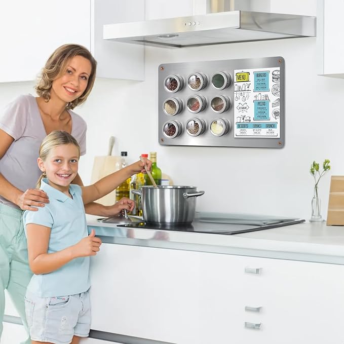 Bekith 2 Pack Stainless Steel Magnetic Board, 17.1" x 11.8" Magnet Bulletin Board to Display Magnetic Letters Numbers, Notes, Poetry, Photos, Spice Jars, Suitable for Wall, Refrigerator, Cabinet