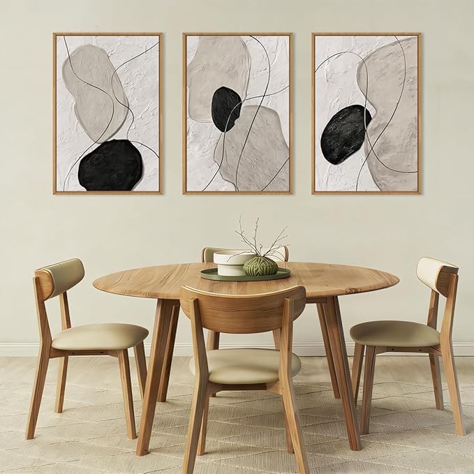 ANHUIB Neutral Abstract Wall Art Canvas,Mordern Geometric Wall Decor Framed,Contemporary Minimalist Artwork, Black Beige Canvas Prints, 3 Piece 24 * 36IN Painting for Living Room Bedroom Office