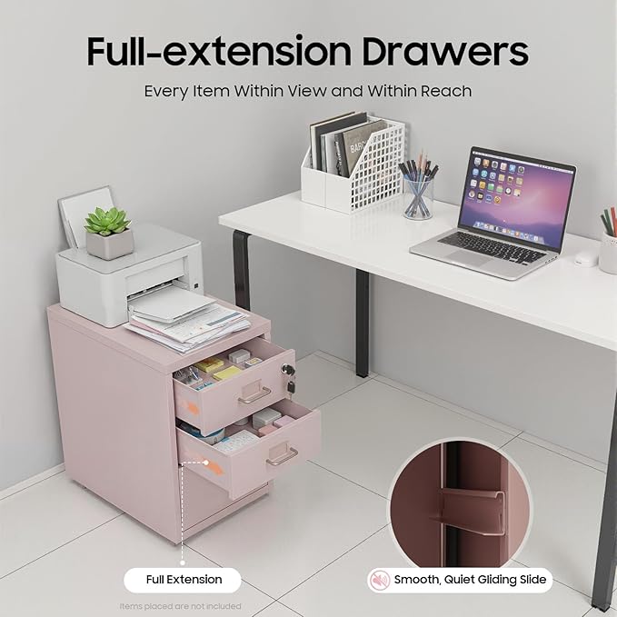 3 Drawer File Cabinet, Lockable Small Filing Cabinet for Home Office, with Wheels, Fits A4 / Letter Size, Steel Office File Cabinets (Pink)