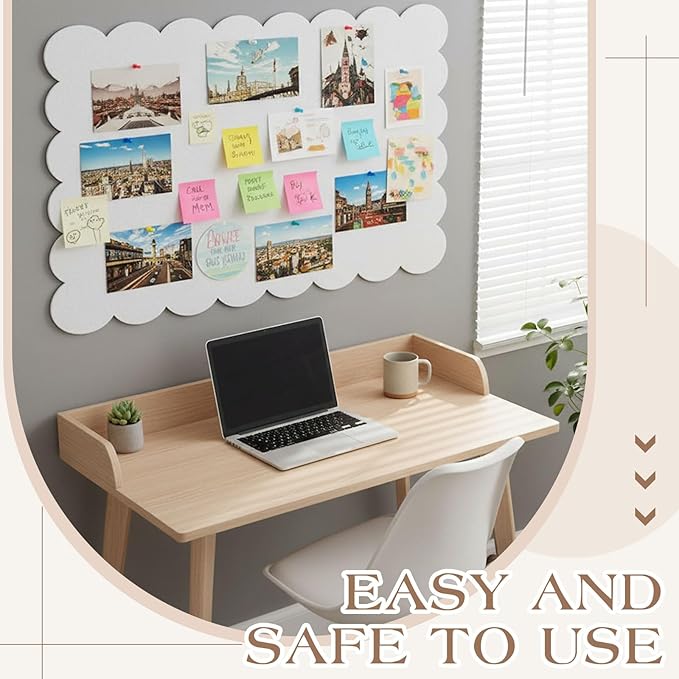 Scalloped Felt Bulletin Board Foldable Pin Cork Board Alternative for Wall Foldable Picture Vision Self Adhesive Bulletin Decorative (White,36 * 24 Inch)
