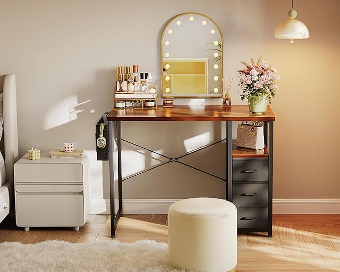 AODK 32" Small Computer Desk with Fabric Drawers, Kids Girls Teen Study Writing Desk for Bedroom, Home Office Desk with Storage Shelf & Bag for Small Space, Vintage
