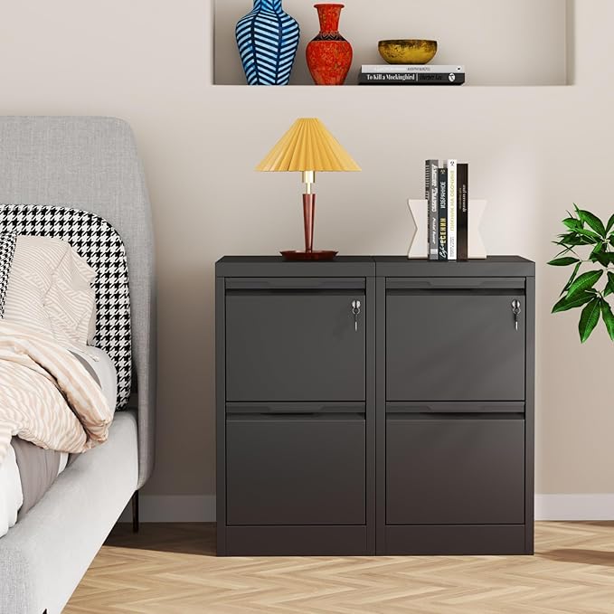2 Drawer File Cabinet with Lock, Heavy Duty Steel Under Desk Vertical Filing Cabinet for Home Office Use, Printer Stand with Drawers, for A4/Letter-Size Files, Easy to Assemble,Black