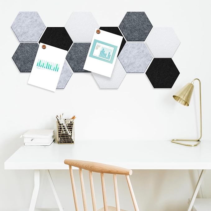 16 Pcs Hexagon Cork Board for Walls with 50 Wooden Push Pins 6.7 x 5.9 in Felt DIY Tiles Notice with Nano Tape Hanging Bulletin Board for Home Photo Office Memo Note(Grey)
