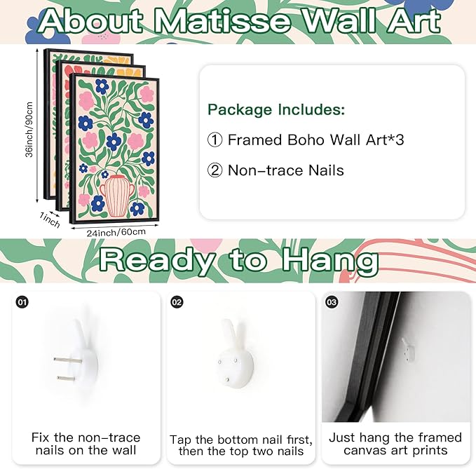 CHDITB Matisse Flowers Vase Framed Canvas Wall Art(24"x36"), 3 Panels Colorful Boho Florals Botanical Plants Artwork Printings, Large Scandinavian Gallery Decor Painting for Bedroom Dining Room Office