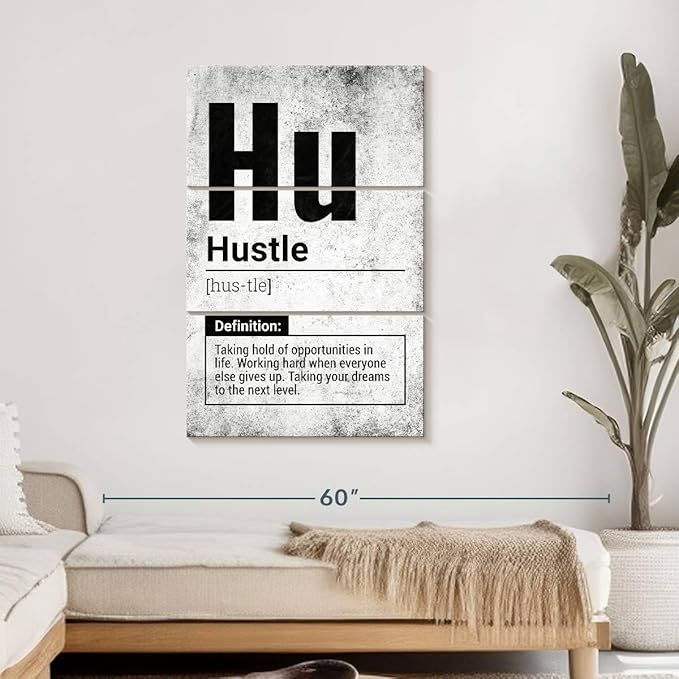 Elephant Stock - Hustle Definition Grunge Wall Art - Vertical Multi Panel Canvas - 3 Piece Living Room Wall Decor - Digital Art Inspirational And Typography Multi Piece Wall Art - Black And Gray Decor - 28" x 45"