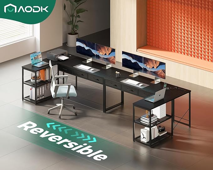 AODK 61 Inch L Shaped Computer Desk with Drawers, Corner Desk with Power Outlets & Reversible Storage Shelves, for Home Office Gaming, Black