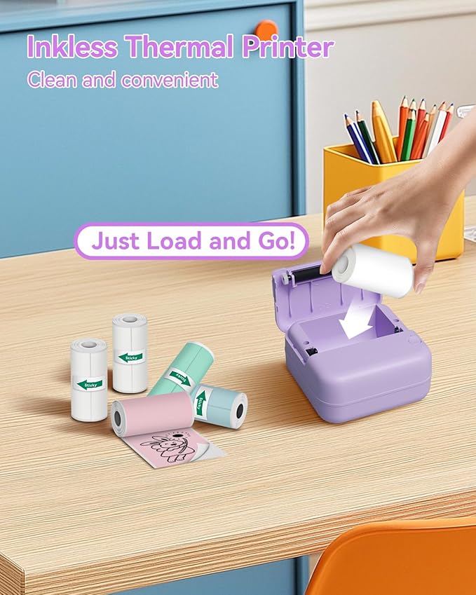 Aptika Mini Thermal Printer with 14 Rolls Sticky Papers, Wireless Bluetooth Photo Printer, Portable Label Maker Machine with Tape, Small Compact Picture Maker for Student Kid, Purple