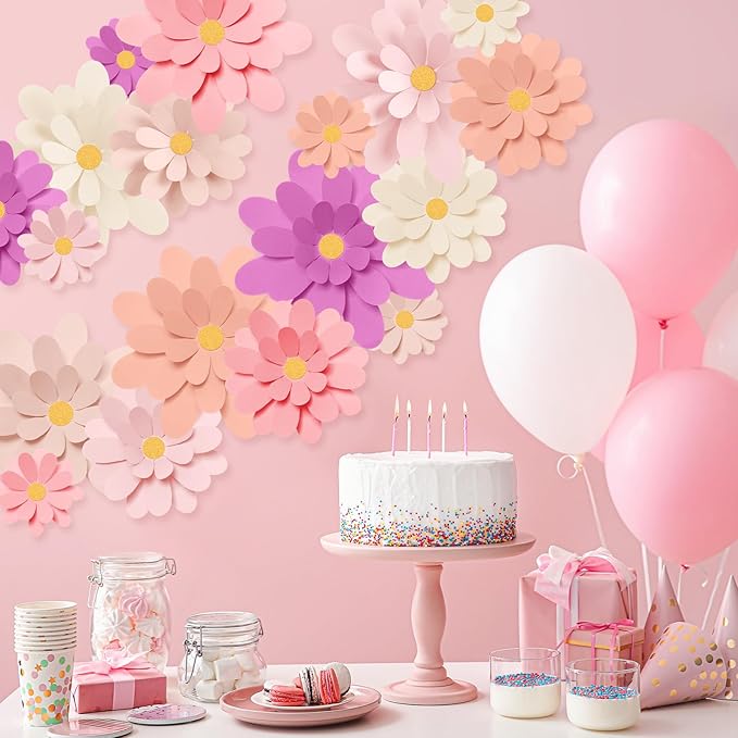 18 Pcs Paper Flowers Decorations for Wall DIY Flower Bulletin Board 3D Fiesta Paper Floral Backdrop Decoration for Photo Backdrop Classroom Back to School Party(Pink Red Series)