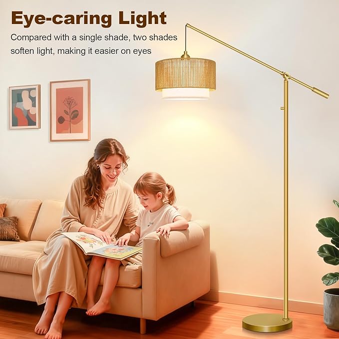【Upgraded】Arc Floor Lamp for Living Room, Boho Dimmable Swing Arm Floor Lamp with Rattan & Fabric Shades, Gold Rattan Standing Lamp with 11W Bulb, Farmhouse Adjustable Tall Lamp for Bedroom Office