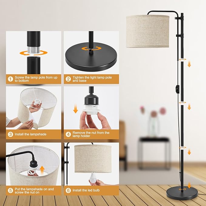 GyroVu Floor Lamp for Living Room, Adjustable Height Standing Lamps with 350ยฐ Rotate Beige Lampshade, 67.5-Inch Modern Tall Lamp Dimmable Floor Lamps for Corner Bedroom Home Office (Bulb Included)