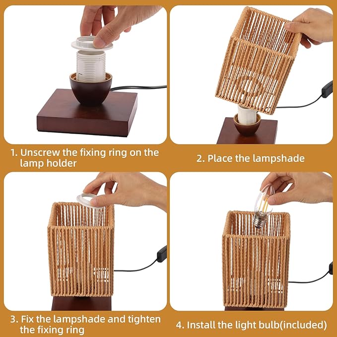 Rattan Table Lamp, Boho Bedside Lamp Vintage Wooden Nightstand Nightlight, Rustic Bamboo Woven End Table Lamps, Handmade Woven Desk Lamp, Christmas Decor for Bedroom, Living, Room Study, Kids Room