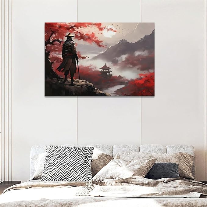 yerretin Japanese Bushido Wall Art Samurai Pictures Wall Decor Ancient Japan Warrior Canvas Landscape Painting Home Decoration Artwork for Bathroom Bedroom Living Room Office Framed 24"x16"